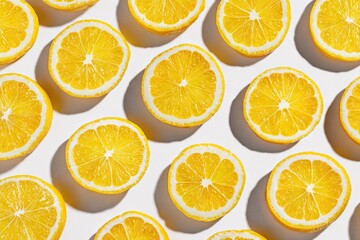 Fototapeta premium A vibrant flatlay of evenly spaced lemon slices on a white background, illuminated by bright light casting soft shadows