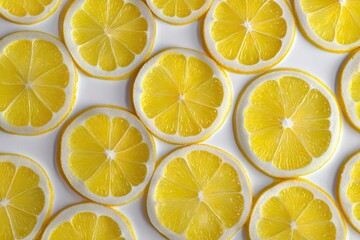 Fototapeta premium A vibrant flatlay showcasing numerous, uniformly sliced lemon rounds arranged in a close-packed pattern against a stark white backdrop