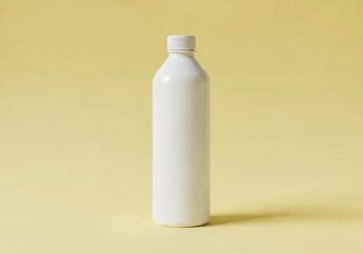 Empty white bottle against a pastel yellow backdrop showcasing a simple minimalist design for product photography