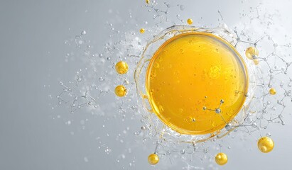 A vibrant, golden liquid in a circular form, surrounded by a splash of clear liquid and metallic-grey molecular structures against a light-grey backdrop
