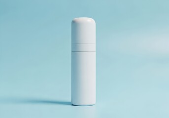 Empty white cylindrical bottle studio shot against a light pastel blue background simple and modern packaging design