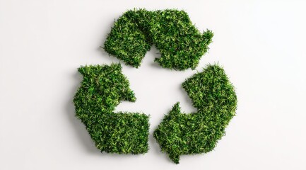 A vibrant green, lush grass recycling symbol against a stark white backdrop.  The three arrows are clearly defined, forming a complete circle