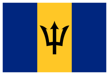Transparent PNG file of vector graphic of the Barbados flag. Comprised of three vertical blue and yellow stripes overlaid by a trident