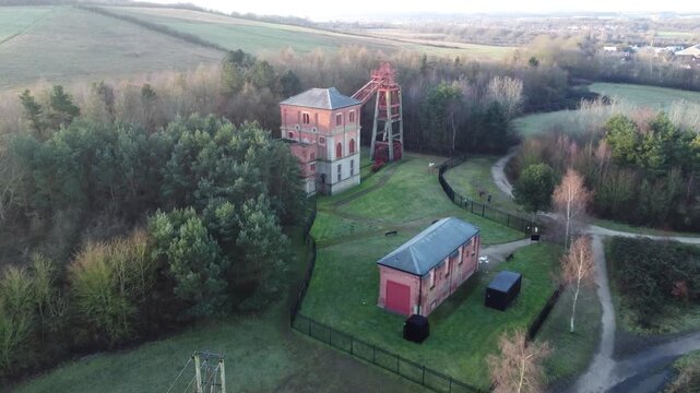 Bestwood Colliery, Nottingham, England &ndash; January 2 2023: Drone footage showcases Bestwood Colliery in Nottingham, England, featuring the headframe, winding house, and