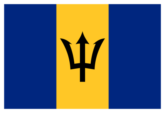 Transparent PNG file of vector graphic of the Barbados flag. Comprised of three vertical blue and yellow stripes overlaid by a trident