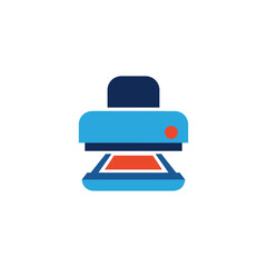 Illustration of a modern printer with blue and red color scheme on white background.