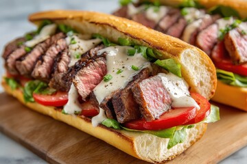 Delicious steak sandwiches with fresh toppings served on a wooden board