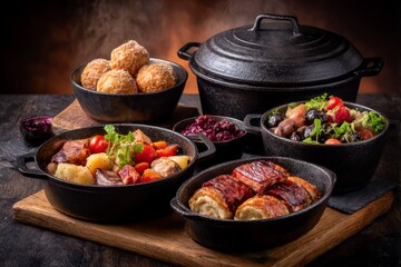 Rustic cast iron feast, dark black, red, green, brown, hearty comfort food, wooden table