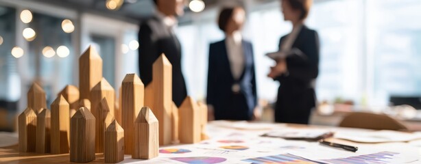 The wooden models symbolize growth and innovation in a business meeting.