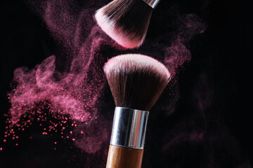 Makeup brushes with color eye shadow on black background, closeup