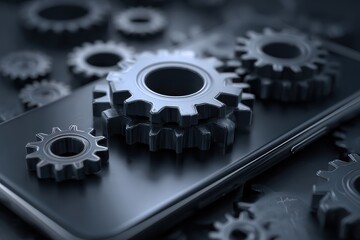 Smartphone with gears symbolizing technology and innovation in a digital environment