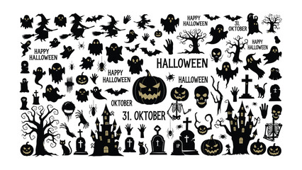 Shadows of Halloween: A chilling collection of classic Halloween symbols, including grinning pumpkins, spooky ghosts, and creepy bats.