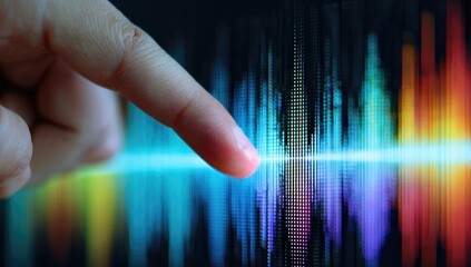 A fingertip hovers above a vibrant, multicolored audio waveform displayed on a dark screen, interacting with the digital sound visualization