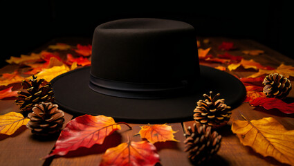 Classic Black Hat on Wooden Table with Autumn Leaves and Pine Cones A Fall Thanksgiving Harvest Celebration Still Life Composition Festive Seasonal Background for Holiday Projects and Creative Designs