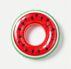 A vibrant inflatable watermelon-shaped pool float, red with black seeds and green rind,  presents a fun summer accessory