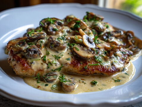 Veal scaloppine with creamy mushroom sauce dripping over edges