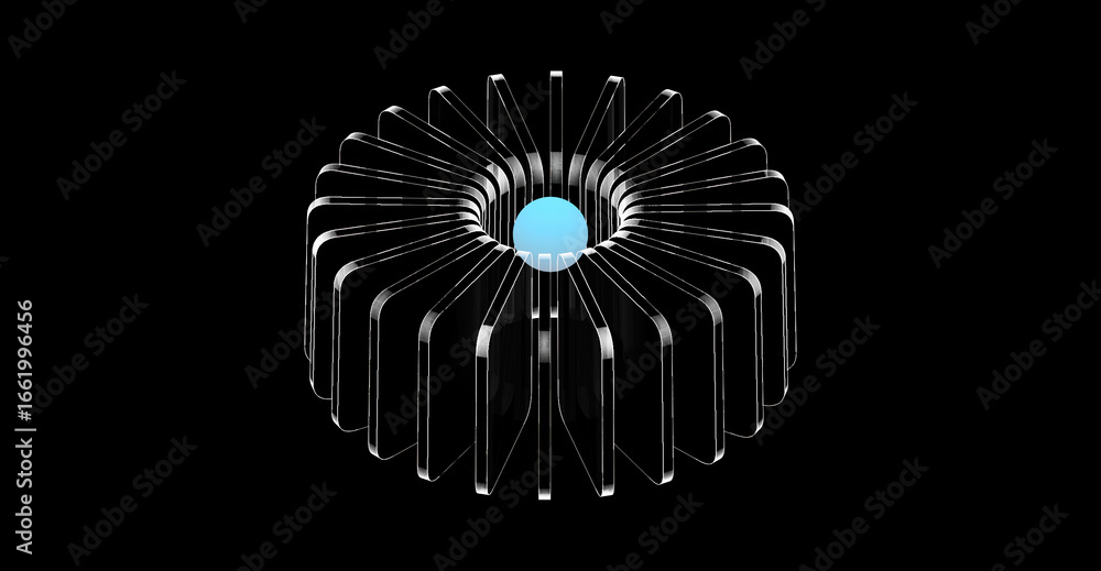 Poster an abstract digital art of a radial array design, featuring metallic elements and a central sphere