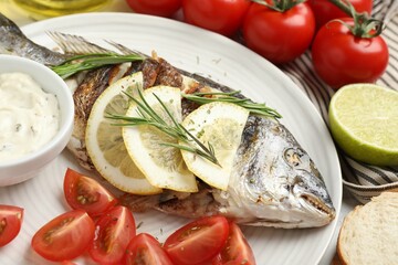 Tasty roasted dorado fish with sauce, tomatoes and lemon on table, closeup. Homemade seafood dish