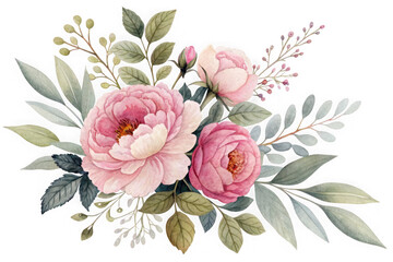 Beautiful watercolor pink peony flower arrangement with green leaves isolated on transparent background