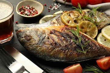 Tasty roasted dorado fish served with beer on black table, closeup. Homemade seafood dish