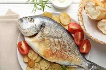 Tasty roasted dorado fish served with vegetables and sauce on white wooden table, flat lay. Homemade seafood dish