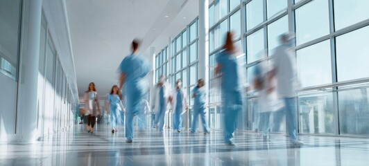 The bustling hospital corridor filled with dedicated healthcare professionals in motion.