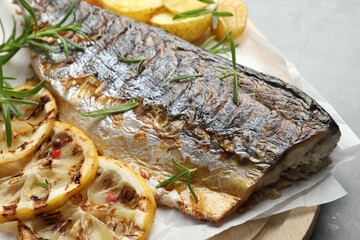 Tasty roasted mackerel with spices and potatoes on grey table, closeup. Homemade seafood dish