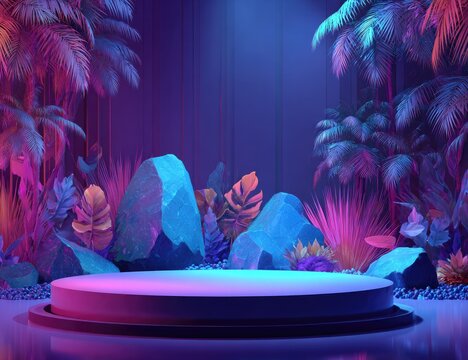 A vibrant, neon-lit circular platform sits amidst stylized tropical foliage and teal rocks, bathed in purple and blue light
