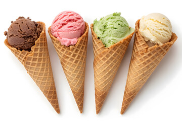 ice cream cone set natural flavor strawberry butterscotch vanilla dark chocolate pistachio nut yellow mango white colorful row transparent isolated background image one small scope dessert sweet food