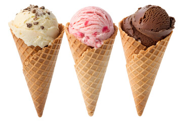 ice cream cone set natural flavor strawberry butterscotch vanilla dark chocolate pistachio nut yellow mango white colorful row transparent isolated background image one small scope dessert sweet food