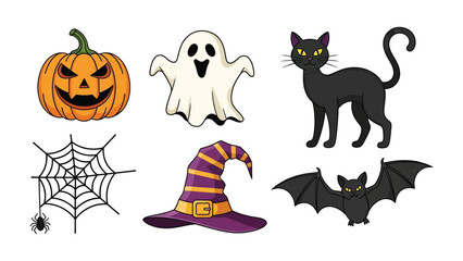Spooky Halloween Icons: A collection of iconic Halloween symbols, with a jack-o'-lantern, a ghostly figure, a black cat, a spiderweb, a witch's hat, and a bat.