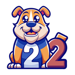 Playful Bulldog Character with Big Number Two Illustration | Cute Dog Cartoon Design for Kids, Nursery Wall Art & Children’s Books