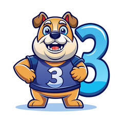 Playful Bulldog Character with Number Three | Cute Dog Cartoon Illustration for Kids Learning, Nursery, Preschool Education, Children’s Book Design