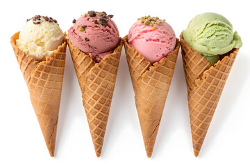 ice cream cone set natural flavor strawberry butterscotch vanilla dark chocolate pistachio nut yellow mango white colorful row transparent isolated background image one small scope dessert sweet food