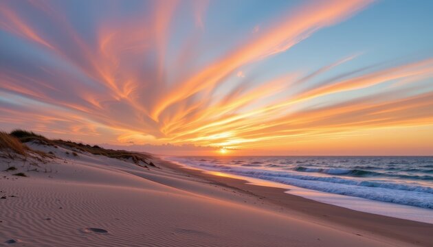 Sandy beach with rolling dunes under a vibrant sunset sky with wispy clouds