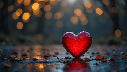 A glowing red heart with water droplets resting on a wet surface surrounded by autumn leaves and