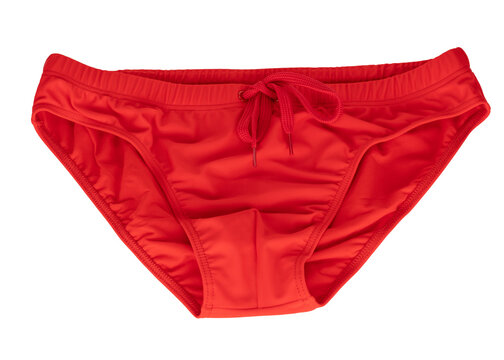 Red men's swim briefs with drawstring isolated on white