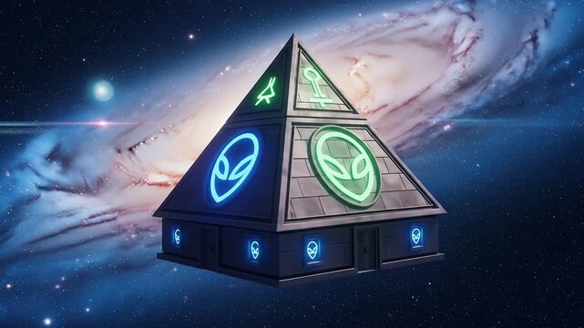 3d rotating futuristic alien pyramid with glowing neon symbols in outer space galaxy background.