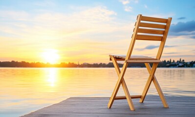 A wooden folding chair on a dock overlooking a serene sunset over the water.