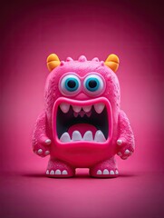 Fototapeta premium A vibrant pink monster toy with large eyes, a wide open mouth showing teeth, and small horns, set against a matching pink background, exudes a playful yet slightly menacing charm
