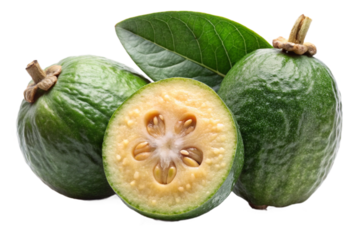 Fresh feijoa fruits with one cut in half on black background
