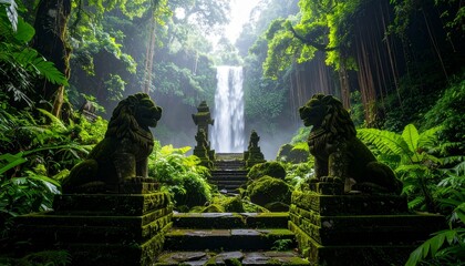 Serene waterfall view surrounded by lush green forest and ancient stone sculptures on a misty day.