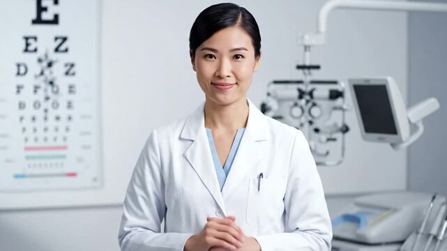 A female ophthalmologist in a white coat stands in an eye exam room An eye chart is visible on the wall