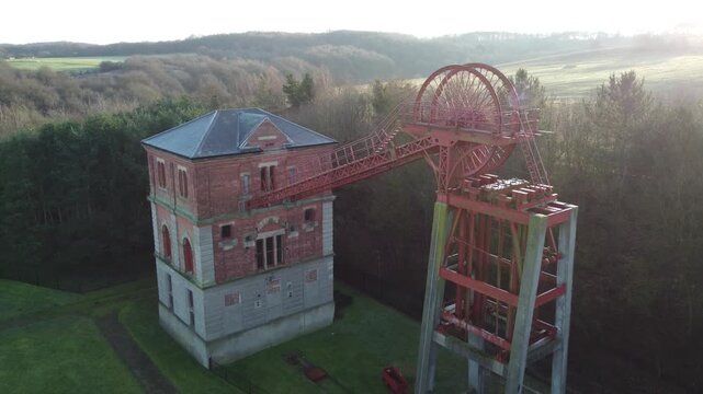 Bestwood Colliery, Nottingham, England &ndash; January 2 2023: Drone footage showcases the Bestwood Colliery in Nottingham, England, featuring the headframe, winding house, and