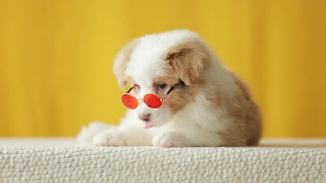 Cute and funny little puppy wearing glasses, licking lips and playing in slow motion, adorable playful dog moments