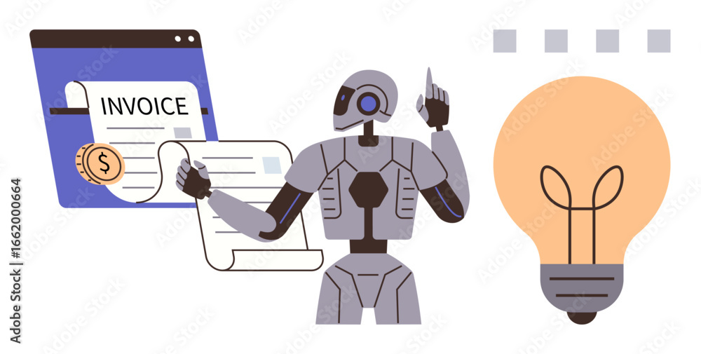 Poster robot interacting with digital invoice template and large glowing bulb representing innovative ideas