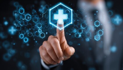 A hand in a suit interacts with a glowing blue hexagonal interface featuring a plus sign, representing digital healthcare or medical technology