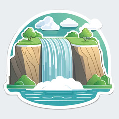 Cartoon illustration of a beautiful waterfall cascading down a rocky cliff into a serene pool of water.