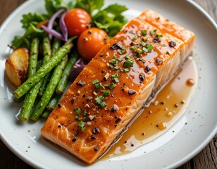 Delicious pan-seared salmon fillet with fresh asparagus and cherry tomatoes, a gourmet meal.