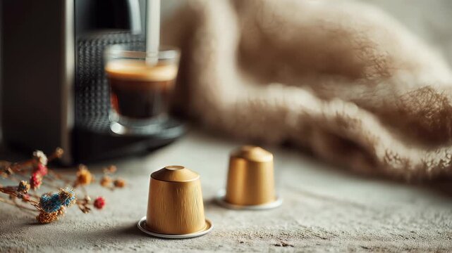 Stylish coffee capsules and espresso machine on a cozy countertop, highlighting modern design, convenience, and a premium coffee experience in warm, inviting tones